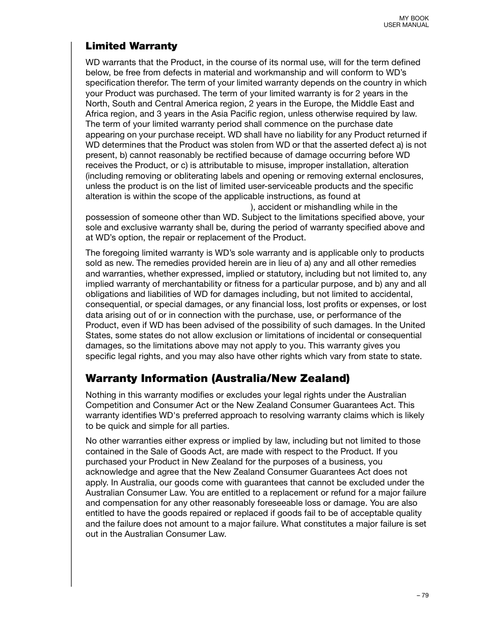 Limited warranty, Warranty information (australia/new zealand) | Western Digital My Book User Manual User Manual | Page 84 / 90