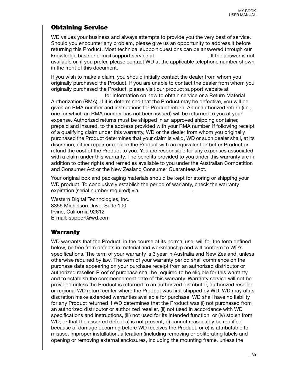 Obtaining service, Warranty | Western Digital My Book User Manual User Manual | Page 85 / 90