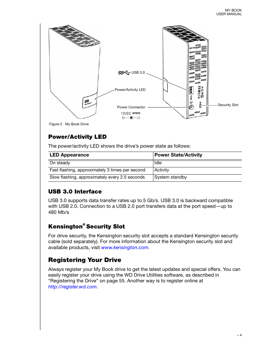 Power/activity led, Usb 3.0 interface, Kensington® security slot | Registering your drive, Kensington, Security slot | Western Digital My Book User Manual User Manual | Page 9 / 90