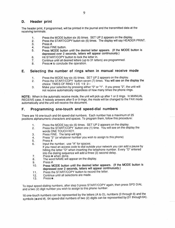 D. header print, F. programming one-touch and speed-dial numbers | Brother FAX-1000 User Manual | Page 14 / 32