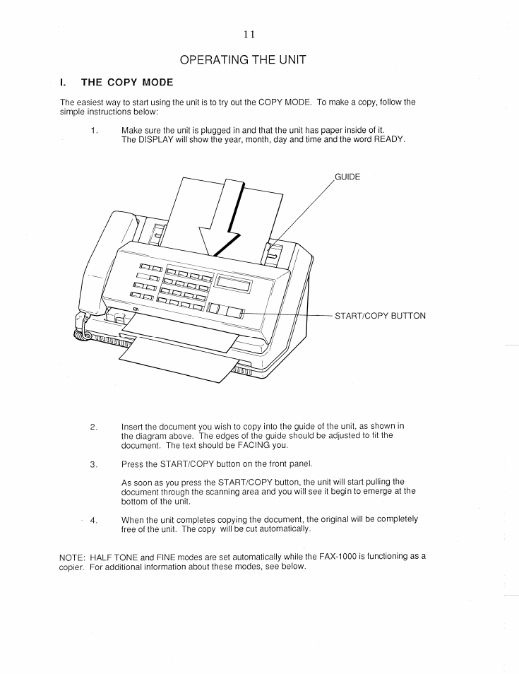 I. the copy mode, Operating the unit | Brother FAX-1000 User Manual | Page 16 / 32