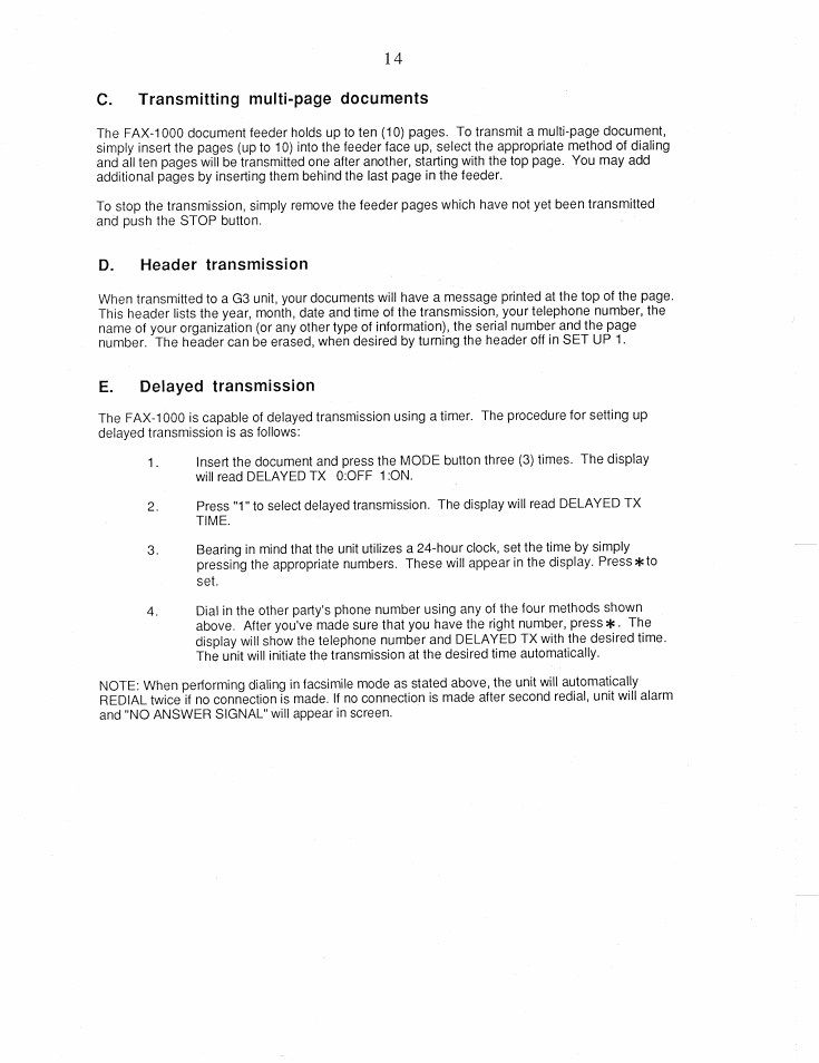 D. header transmission, E. delayed transmission | Brother FAX-1000 User Manual | Page 19 / 32