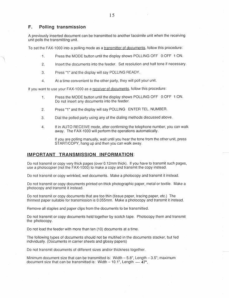 F. polling transmission, Important transmission information | Brother FAX-1000 User Manual | Page 20 / 32