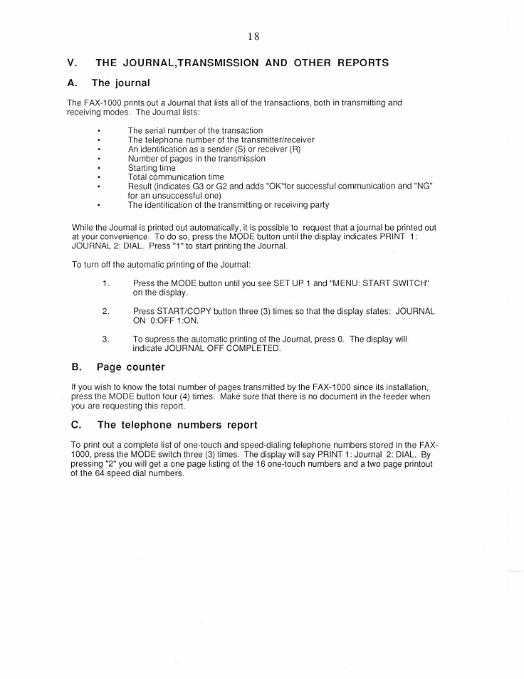 V. the journal,transmission and other reports, A. the journal, C. the telephone numbers report | Brother FAX-1000 User Manual | Page 23 / 32