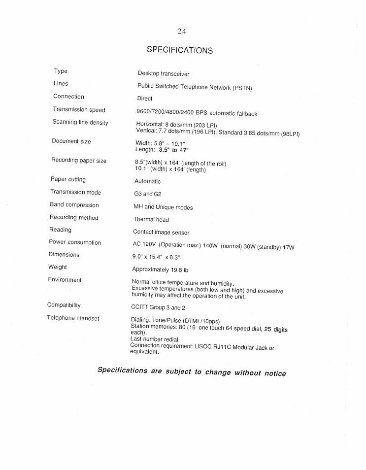 Specifications | Brother FAX-1000 User Manual | Page 29 / 32