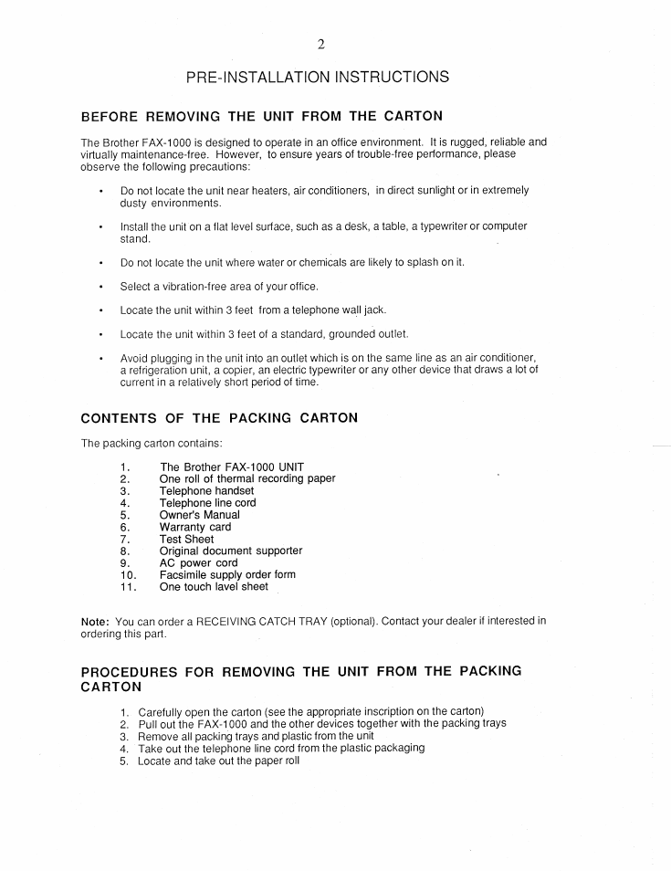 Before removing the unit from the carton, Contents of the packing carton, Pre-installation instructions | Brother FAX-1000 User Manual | Page 7 / 32