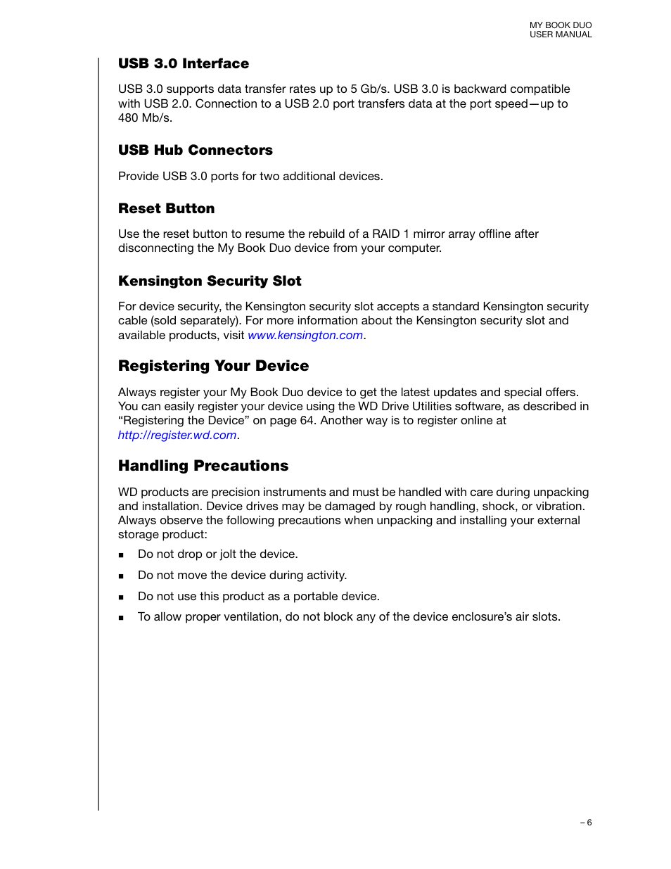 Usb 3.0 interface, Usb hub connectors, Reset button | Kensington security slot, Registering your device, Handling precautions, Registering your device handling precautions | Western Digital My Book Duo User Manual User Manual | Page 11 / 103