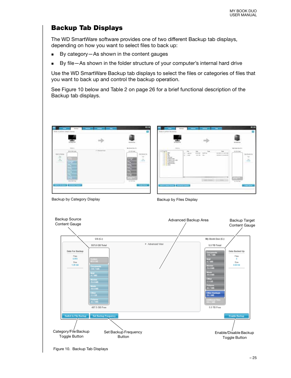 Backup tab displays, By category—as shown in the content gauges | Western Digital My Book Duo User Manual User Manual | Page 30 / 103