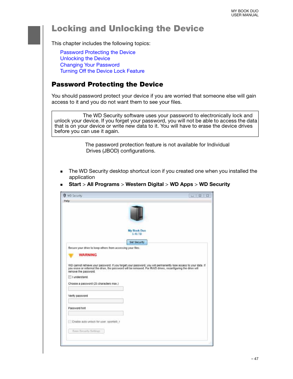 Locking and unlocking the device, Password protecting the device | Western Digital My Book Duo User Manual User Manual | Page 52 / 103