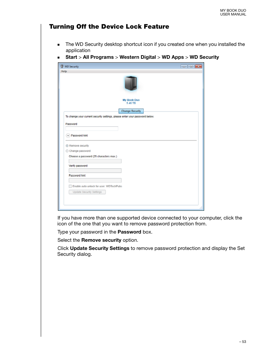 Turning off the device lock feature | Western Digital My Book Duo User Manual User Manual | Page 58 / 103
