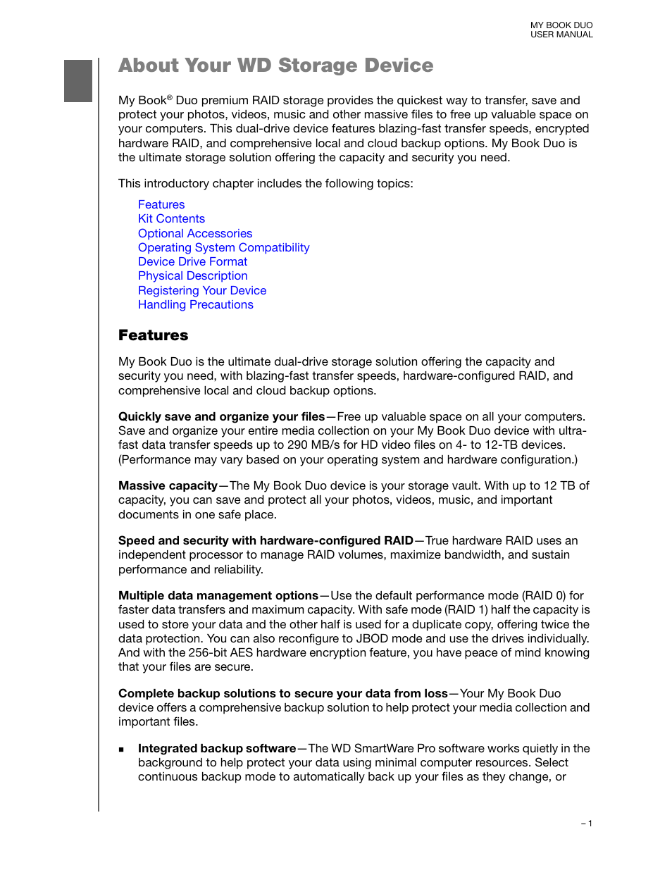 About your wd storage device, Features | Western Digital My Book Duo User Manual User Manual | Page 6 / 103
