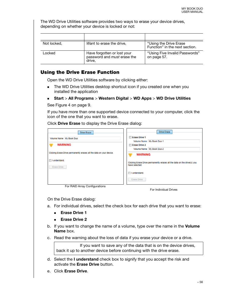 Using the drive erase function | Western Digital My Book Duo User Manual User Manual | Page 61 / 103