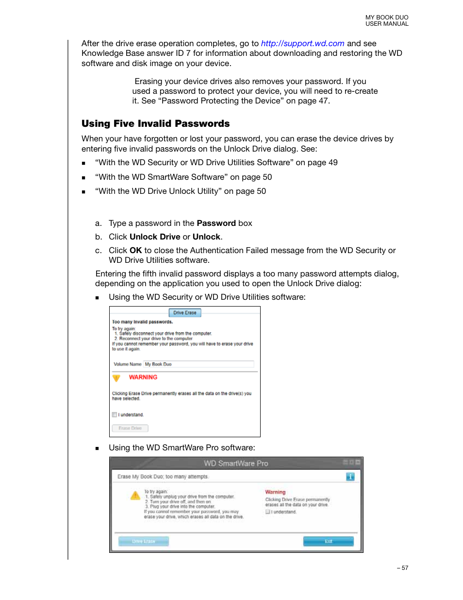 Using five invalid passwords | Western Digital My Book Duo User Manual User Manual | Page 62 / 103