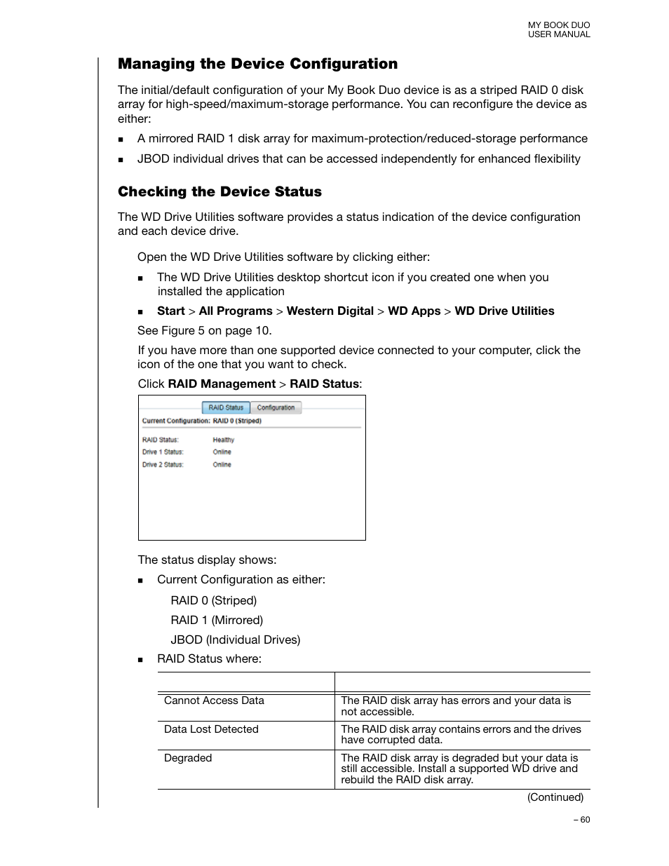 Managing the device configuration, Checking the device status | Western Digital My Book Duo User Manual User Manual | Page 65 / 103