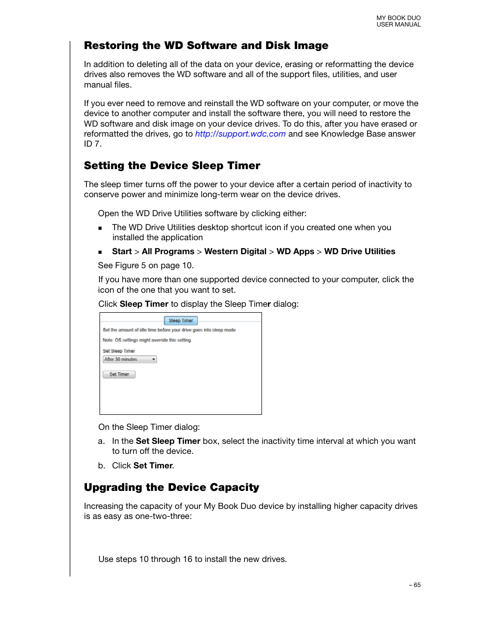 Restoring the wd software and disk image, Setting the device sleep timer, Upgrading the device capacity | Western Digital My Book Duo User Manual User Manual | Page 70 / 103