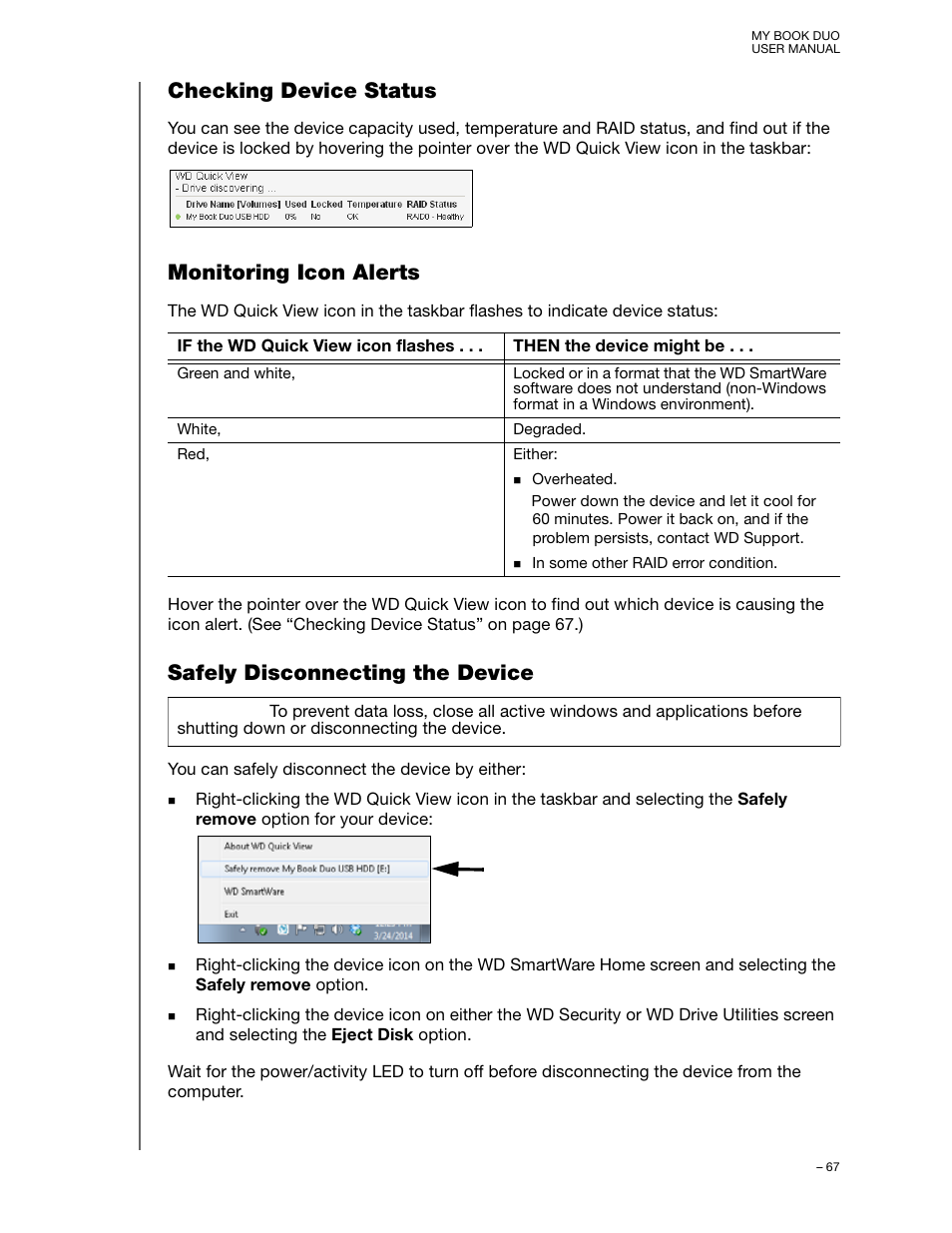 Checking device status, Monitoring icon alerts, Safely disconnecting the device | Checking device status monitoring icon alerts | Western Digital My Book Duo User Manual User Manual | Page 72 / 103