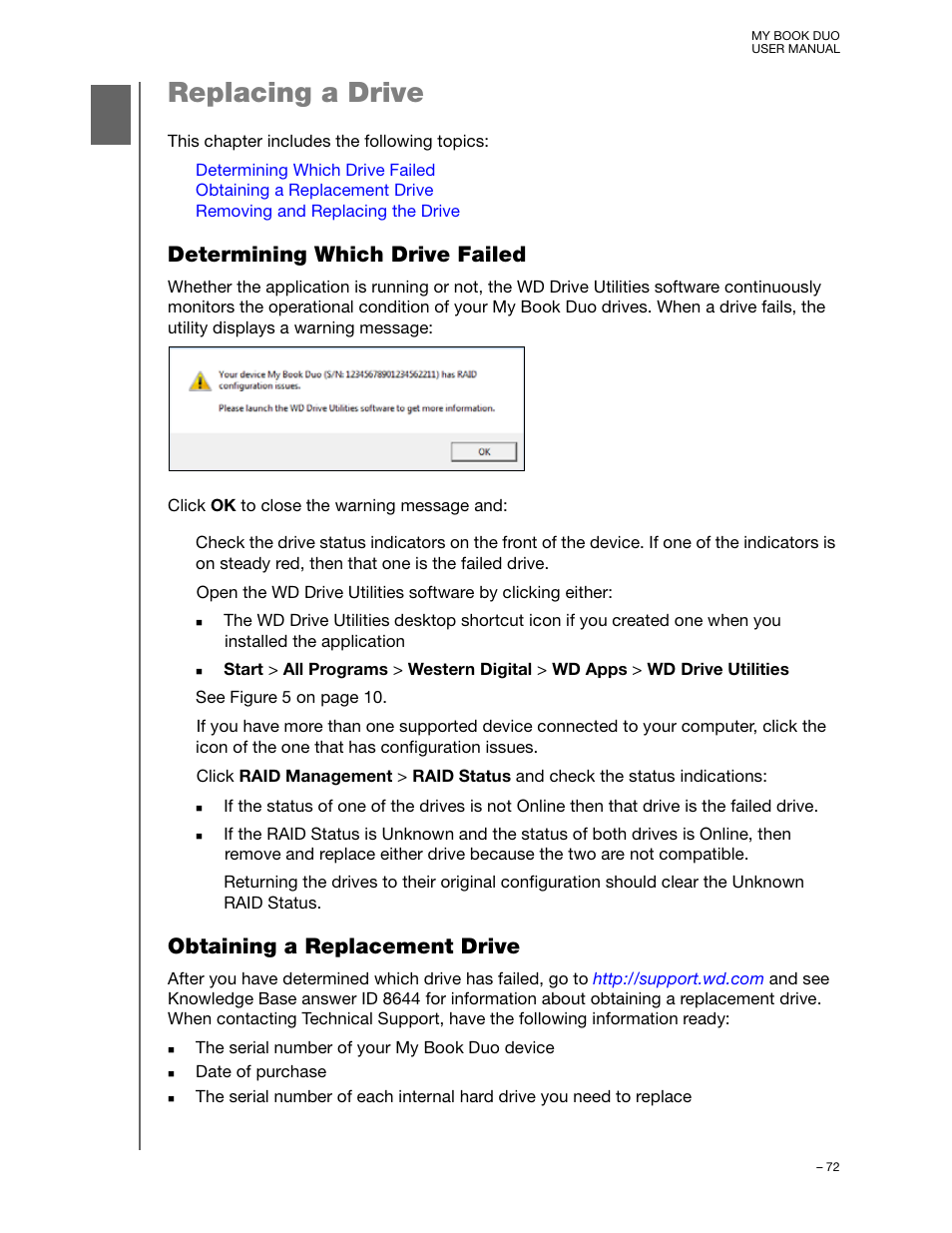 Replacing a drive, Determining which drive failed, Obtaining a replacement drive | Western Digital My Book Duo User Manual User Manual | Page 77 / 103