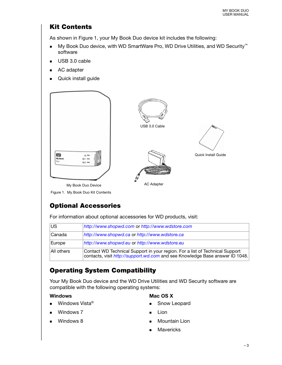 Kit contents, Optional accessories, Operating system compatibility | Western Digital My Book Duo User Manual User Manual | Page 8 / 103