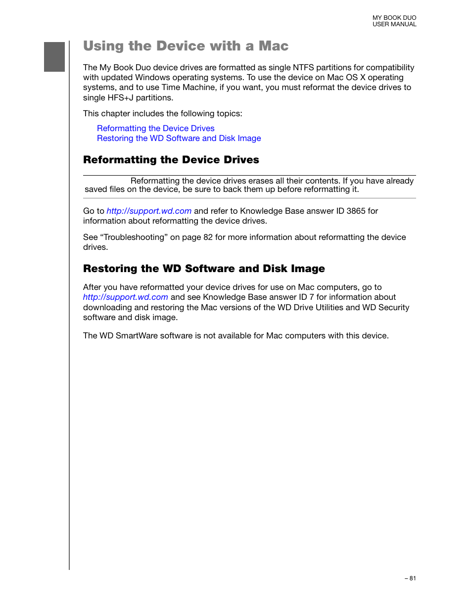 Using the device with a mac, Reformatting the device drives, Restoring the wd software and disk image | Western Digital My Book Duo User Manual User Manual | Page 86 / 103