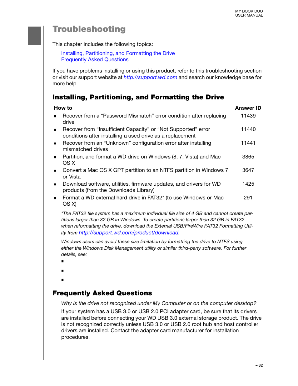 Troubleshooting, Installing, partitioning, and formatting the drive, Frequently asked questions | Western Digital My Book Duo User Manual User Manual | Page 87 / 103