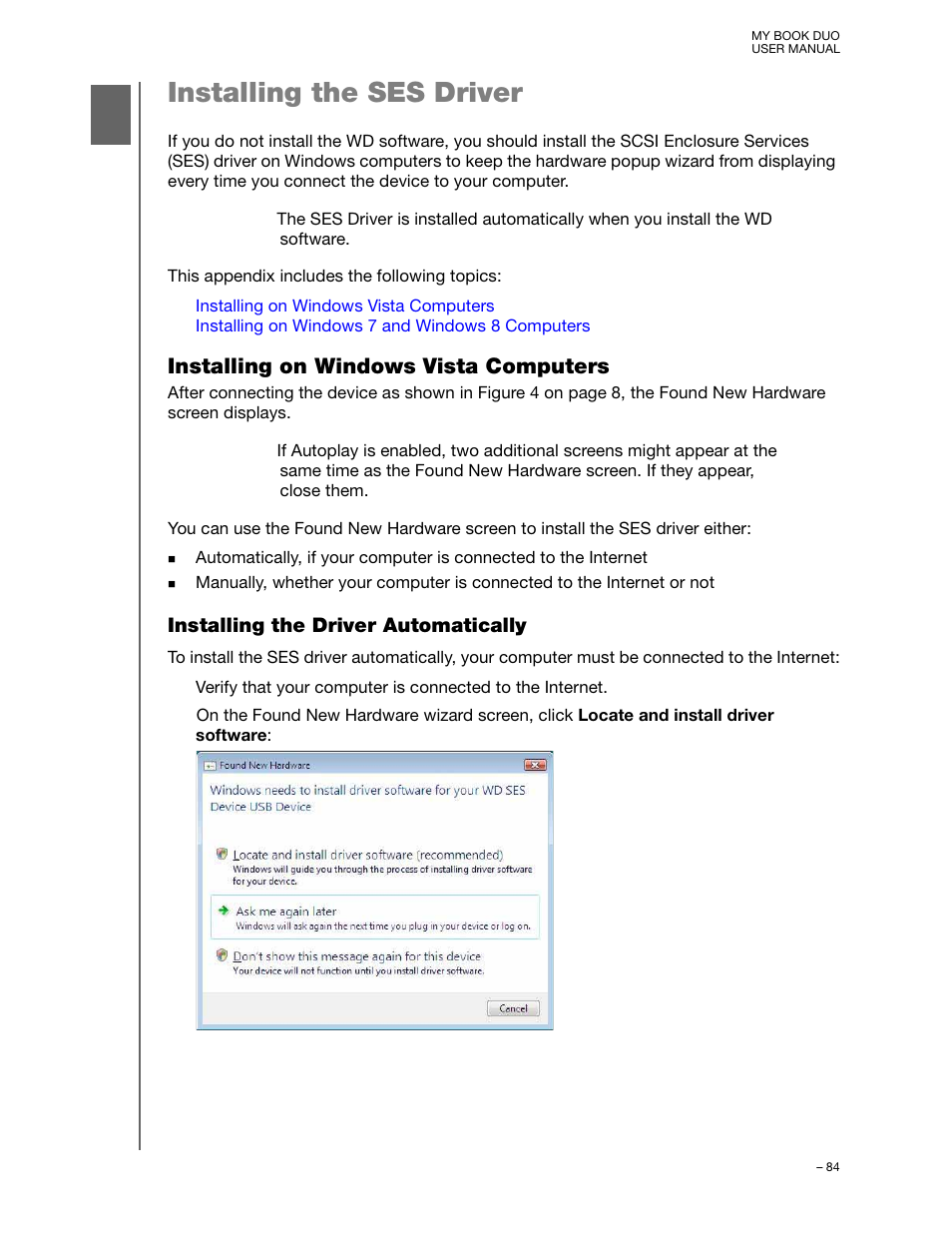Installing the ses driver, Installing on windows vista computers, Installing the driver automatically | Western Digital My Book Duo User Manual User Manual | Page 89 / 103