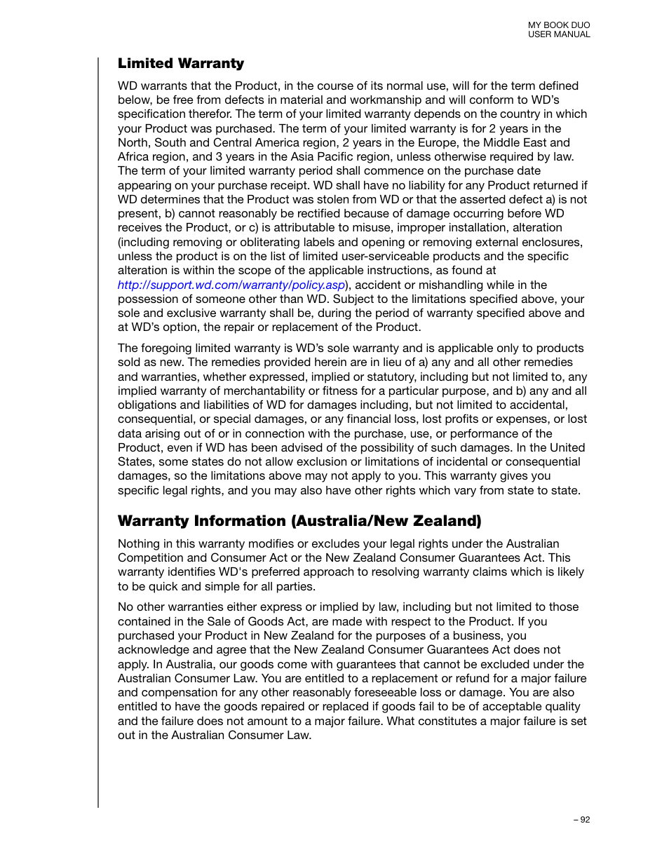 Limited warranty, Warranty information (australia/new zealand) | Western Digital My Book Duo User Manual User Manual | Page 97 / 103