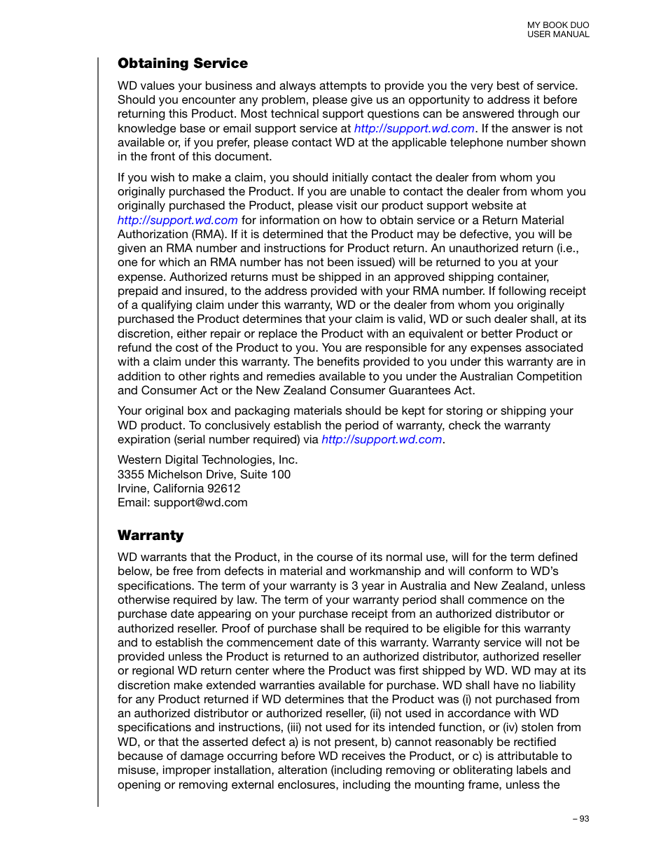 Obtaining service, Warranty | Western Digital My Book Duo User Manual User Manual | Page 98 / 103