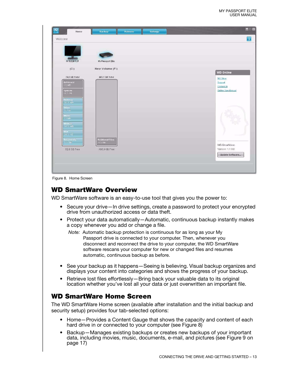 Wd smartware overview, Wd smartware home screen, Wd smartware overview wd smartware home screen | En (see figure 8 a, Wd smartware overview” on | Western Digital My Passport Elite User Manual User Manual | Page 18 / 74