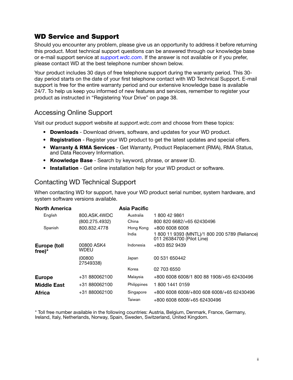 Wd service and support, Accessing online support, Contacting wd technical support | Western Digital My Passport Elite User Manual User Manual | Page 2 / 74