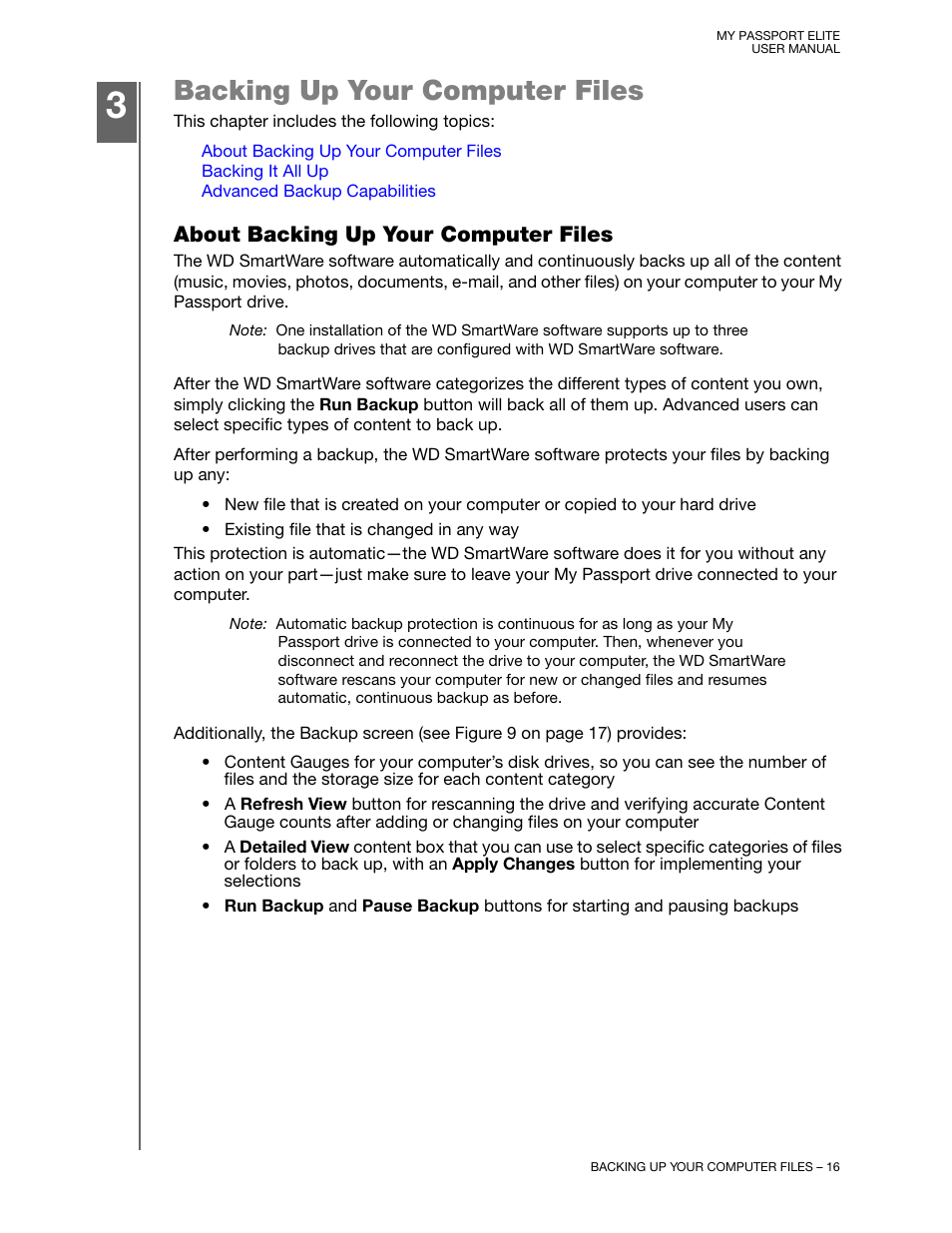 Backing up your computer files, About backing up your computer files, 12 and “backing up your com | Western Digital My Passport Elite User Manual User Manual | Page 21 / 74