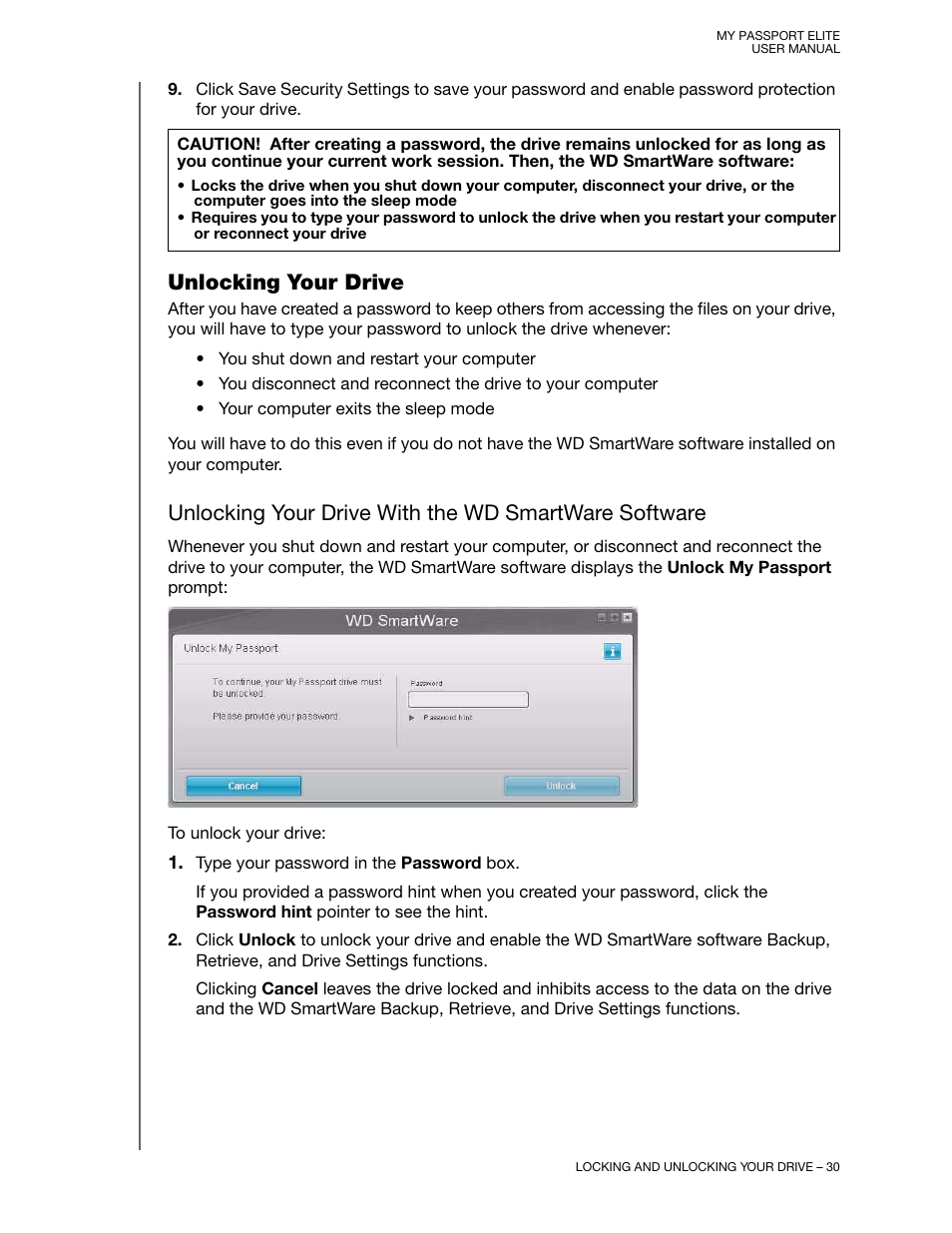 Unlocking your drive | Western Digital My Passport Elite User Manual User Manual | Page 35 / 74