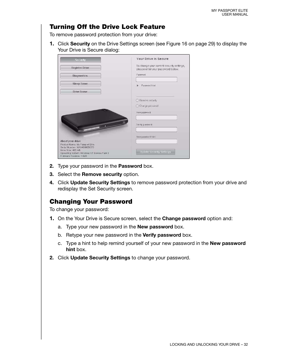 Turning off the drive lock feature, Changing your password | Western Digital My Passport Elite User Manual User Manual | Page 37 / 74