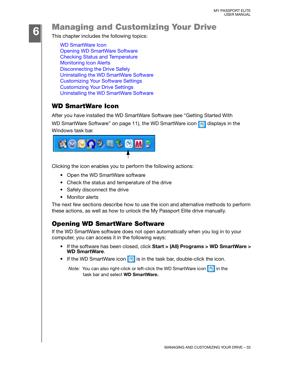 Managing and customizing your drive, Wd smartware icon, Opening wd smartware software | Western Digital My Passport Elite User Manual User Manual | Page 38 / 74