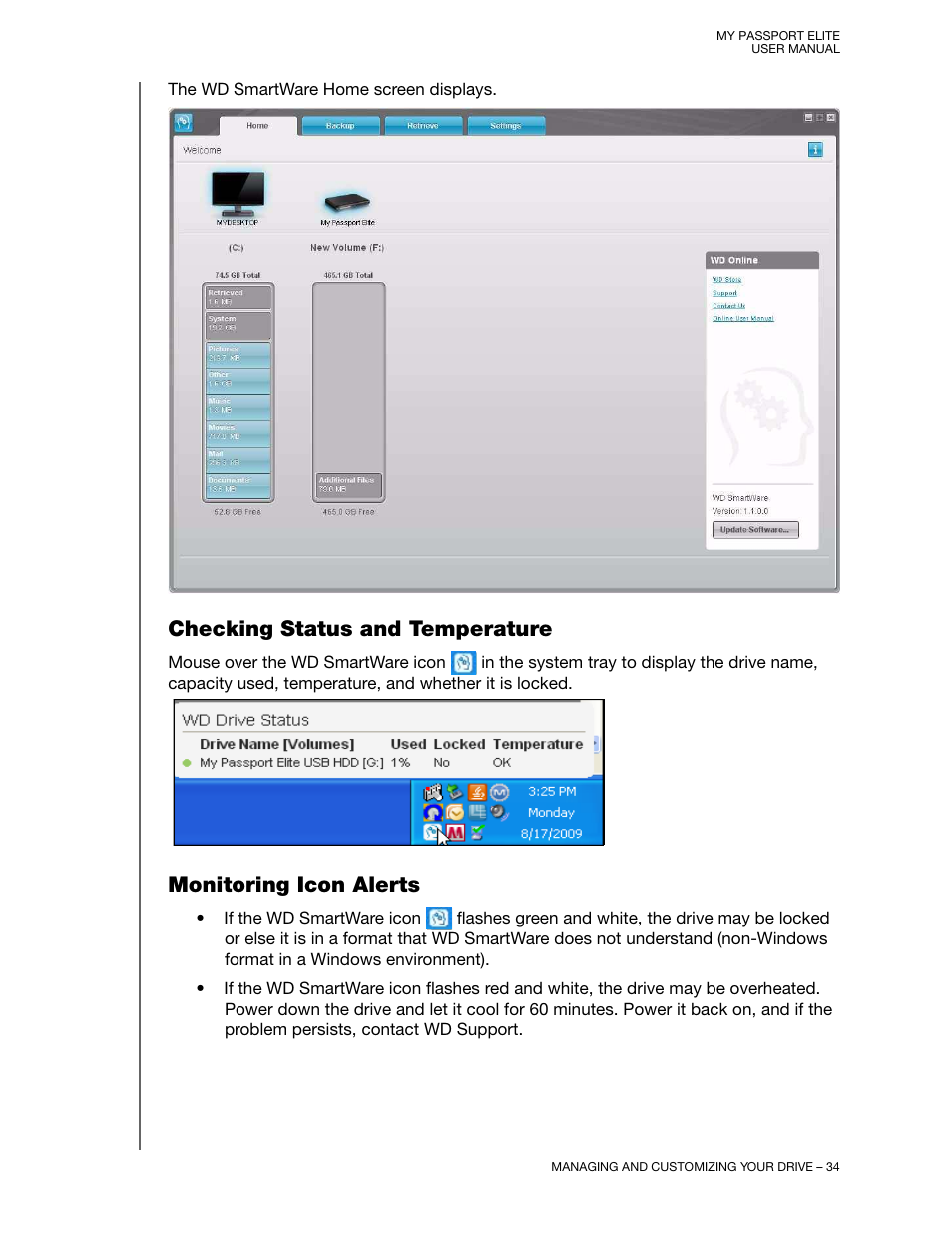 Checking status and temperature, Monitoring icon alerts | Western Digital My Passport Elite User Manual User Manual | Page 39 / 74