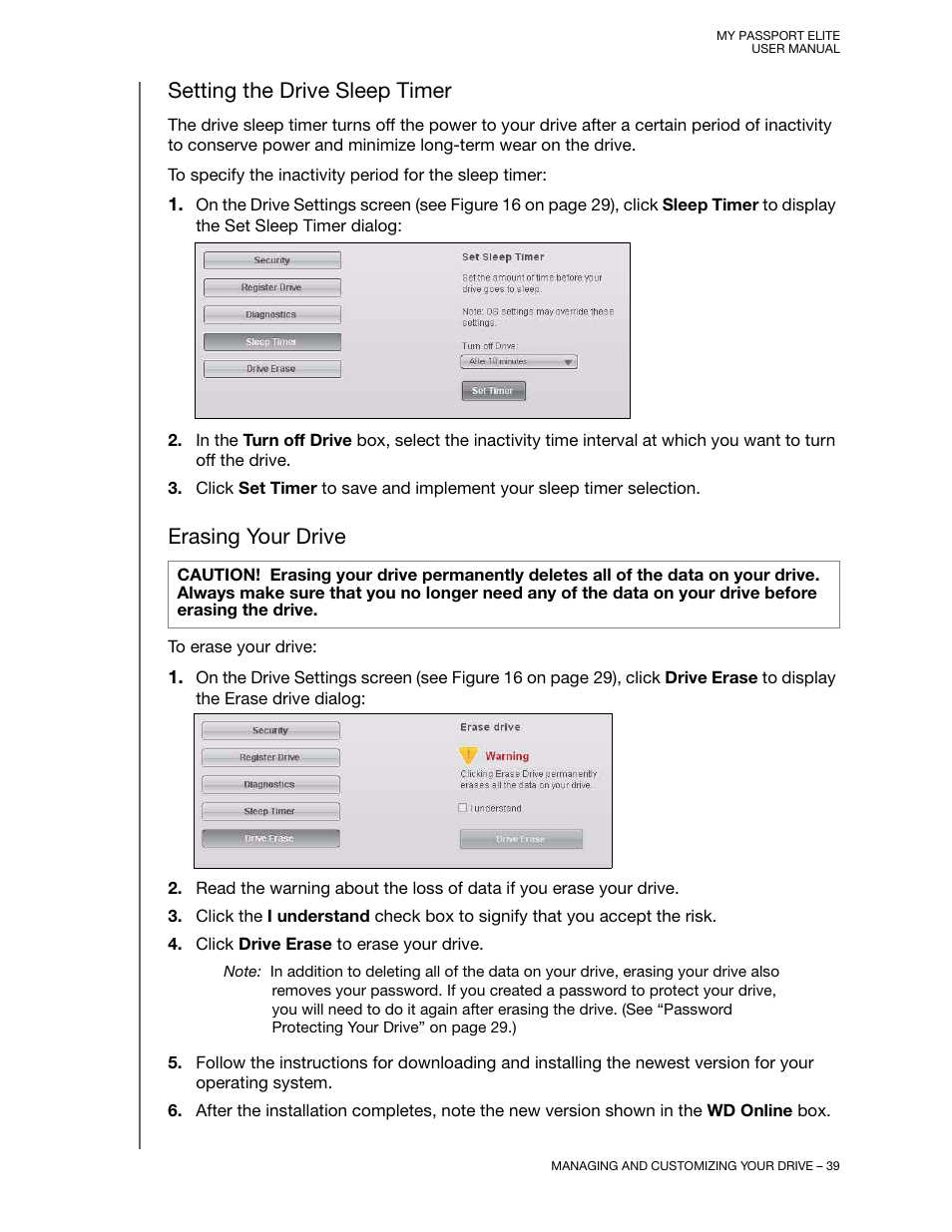 Setting the drive sleep timer, Erasing your drive | Western Digital My Passport Elite User Manual User Manual | Page 44 / 74