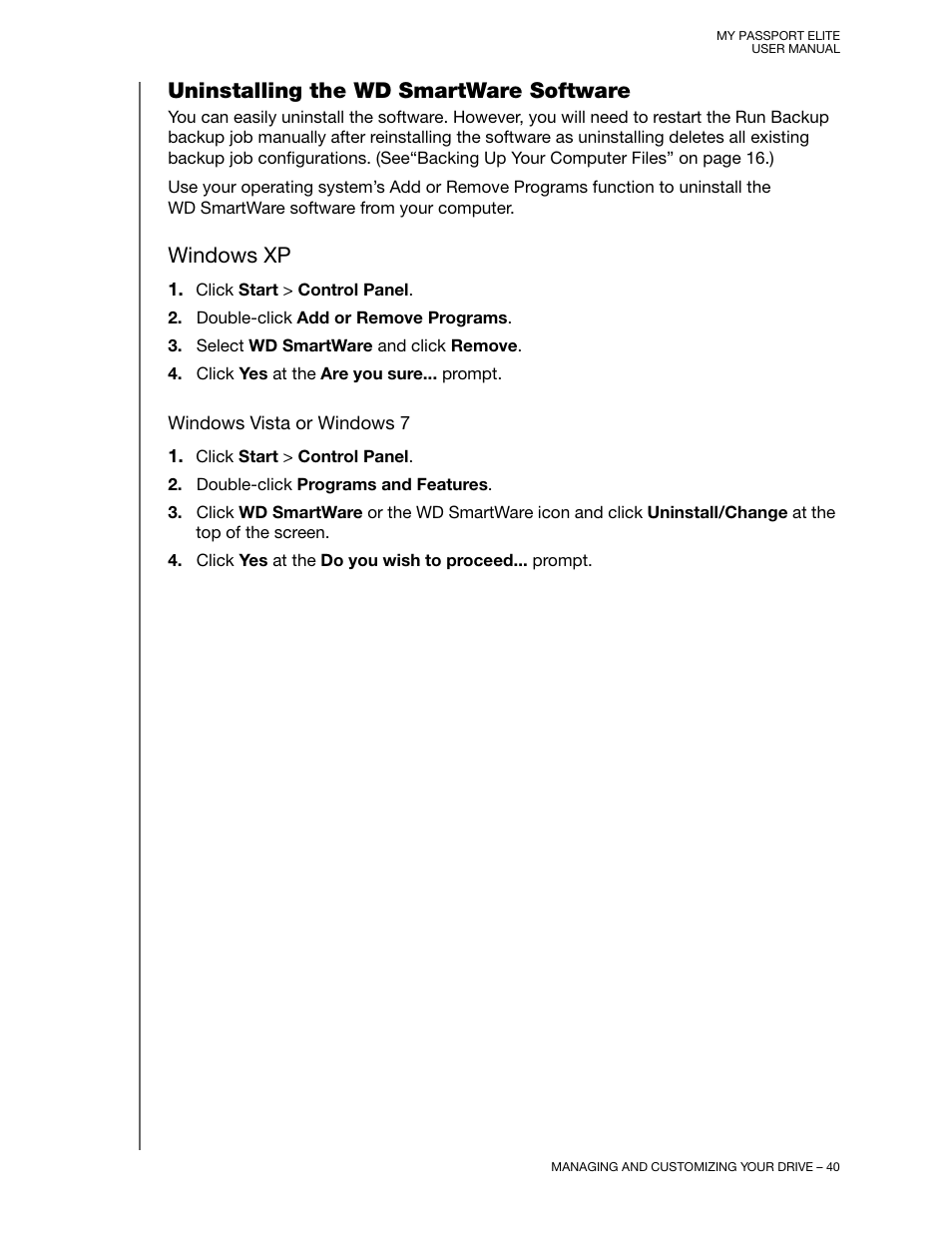 Uninstalling the wd smartware software, Windows xp, Windows vista or windows 7 | Western Digital My Passport Elite User Manual User Manual | Page 45 / 74