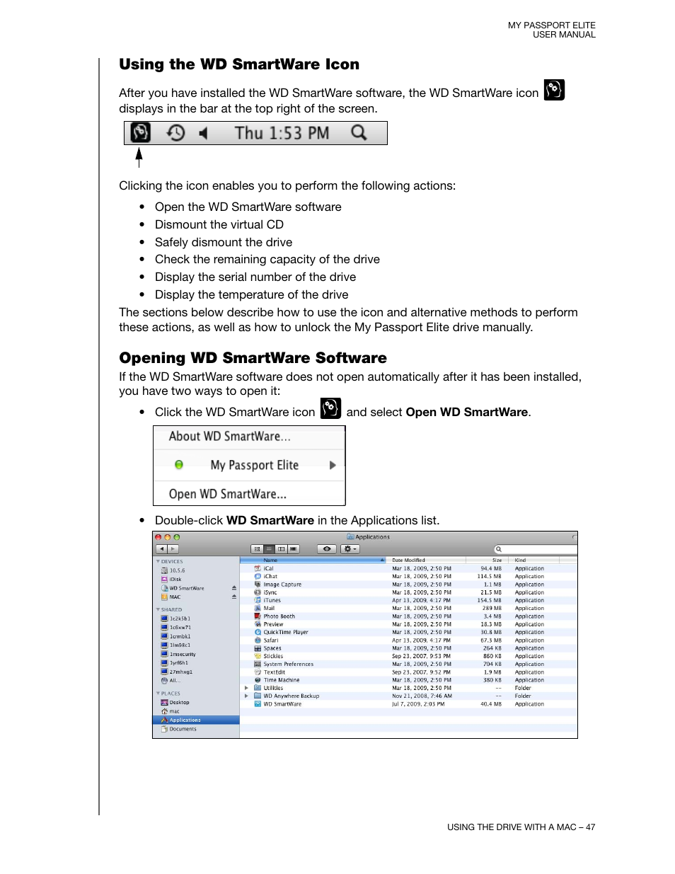 Using the wd smartware icon, Opening wd smartware software | Western Digital My Passport Elite User Manual User Manual | Page 52 / 74