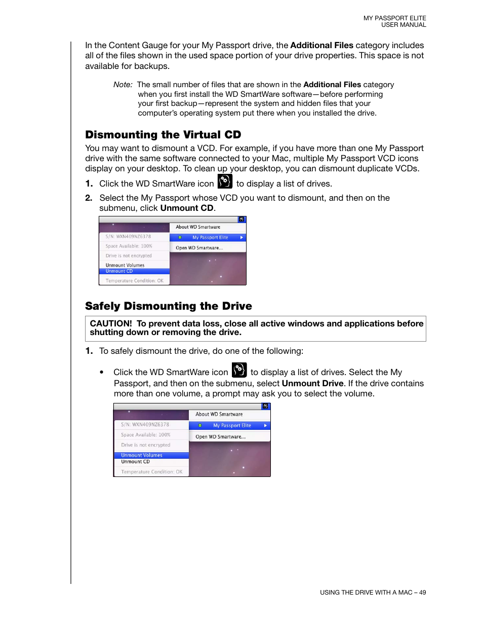 Dismounting the virtual cd, Safely dismounting the drive | Western Digital My Passport Elite User Manual User Manual | Page 54 / 74