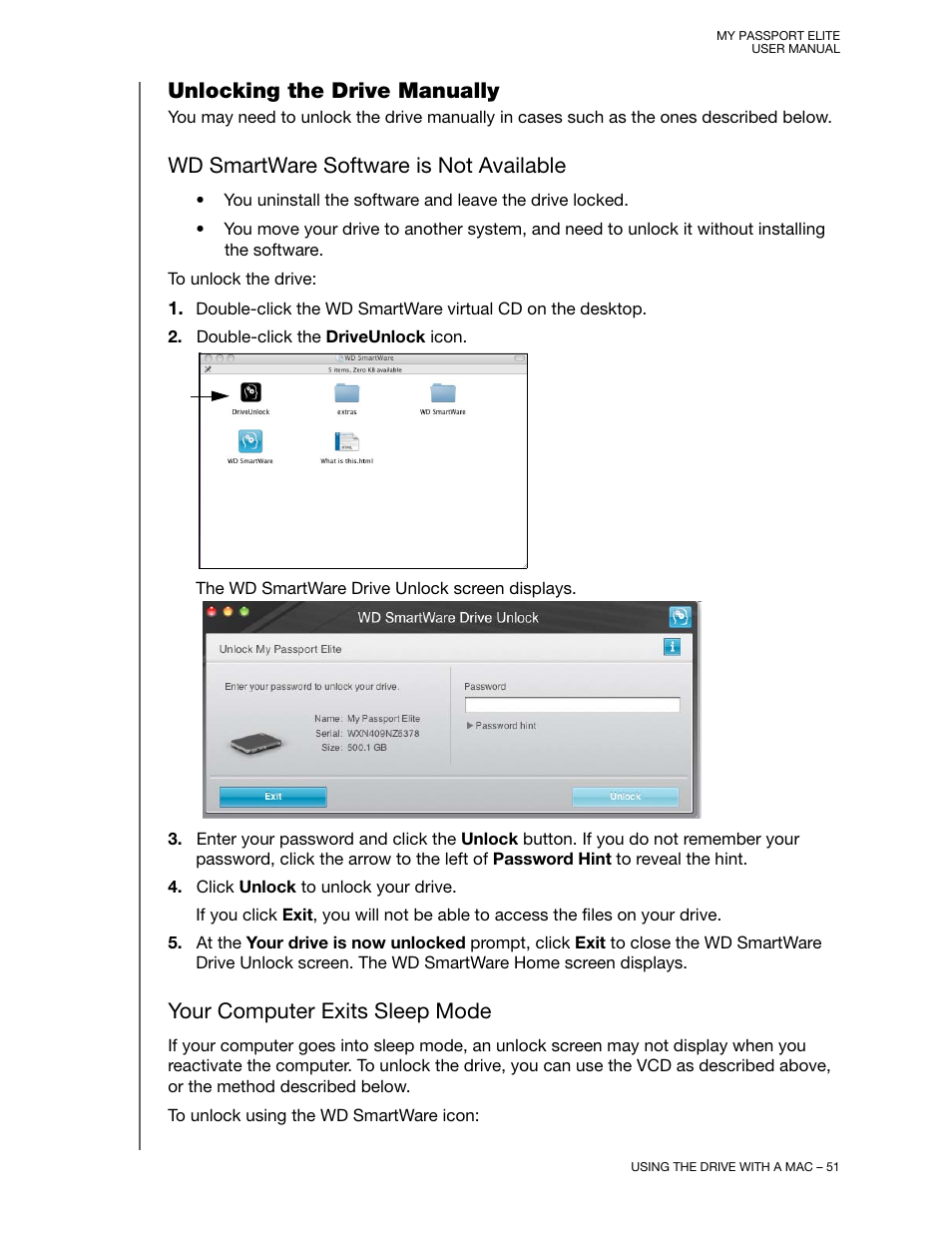 Unlocking the drive manually, Wd smartware software is not available, Your computer exits sleep mode | Western Digital My Passport Elite User Manual User Manual | Page 56 / 74
