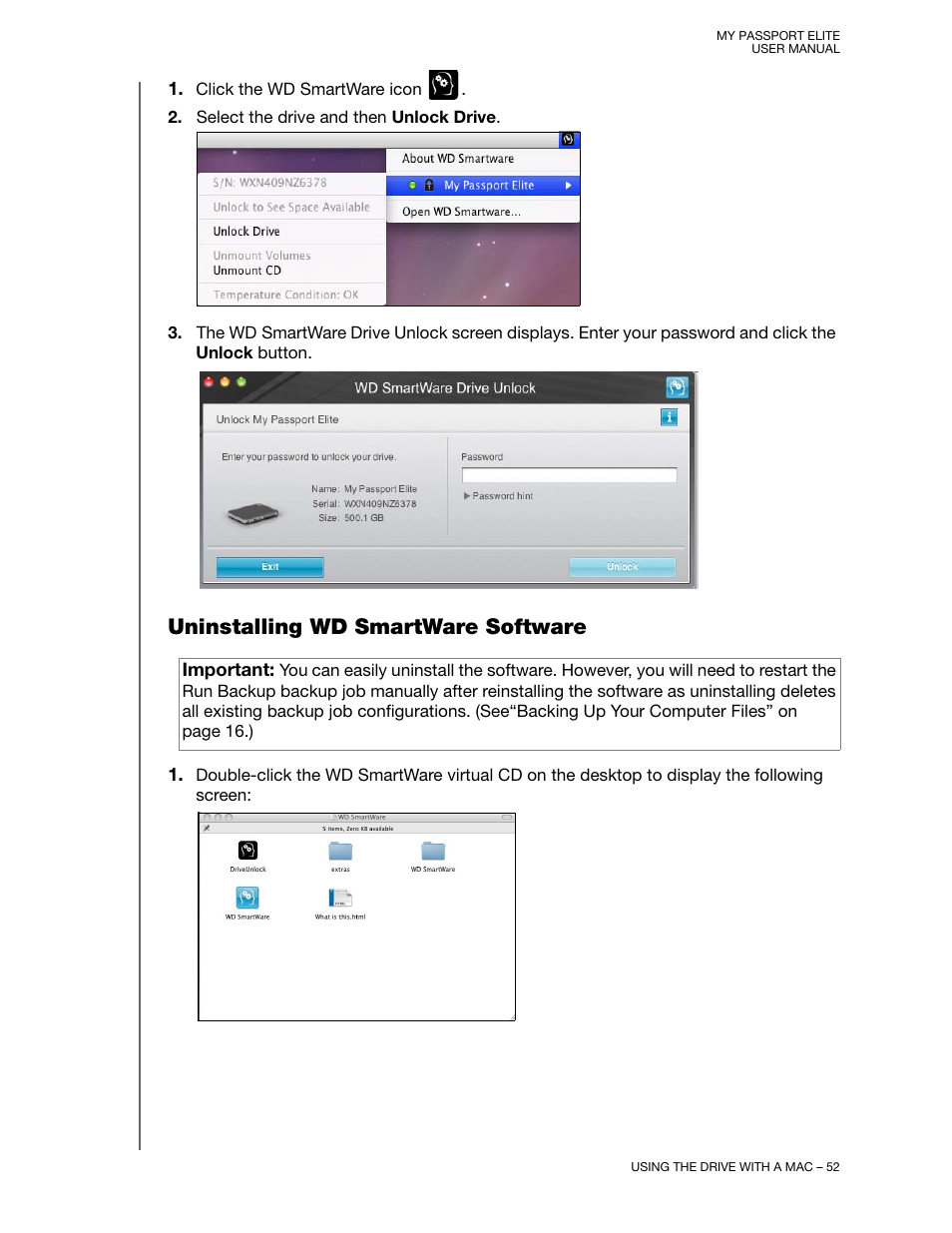 Uninstalling wd smartware software | Western Digital My Passport Elite User Manual User Manual | Page 57 / 74