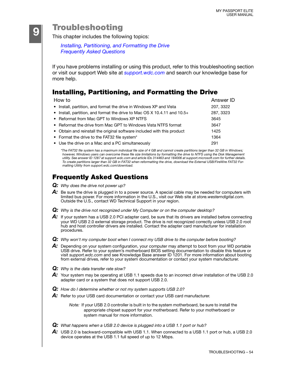 Troubleshooting, Installing, partitioning, and formatting the drive, Frequently asked questions | Western Digital My Passport Elite User Manual User Manual | Page 59 / 74