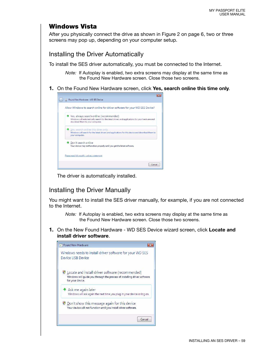 Windows vista, Installing the driver automatically, Installing the driver manually | Western Digital My Passport Elite User Manual User Manual | Page 64 / 74