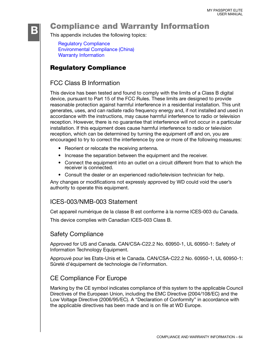 Compliance and warranty information, Regulatory compliance, Fcc class b information | Ices-003/nmb-003 statement, Safety compliance, Ce compliance for europe | Western Digital My Passport Elite User Manual User Manual | Page 69 / 74