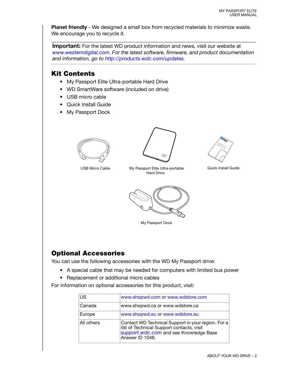 Kit contents, Optional accessories, Kit contents optional accessories | Western Digital My Passport Elite User Manual User Manual | Page 7 / 74