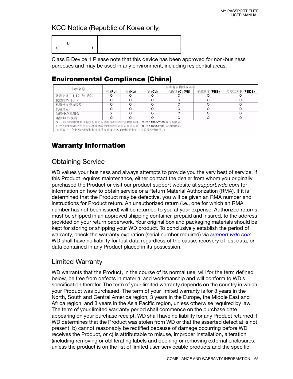 Kcc notice (republic of korea only), Environmental compliance (china), Warranty information | Obtaining service, Limited warranty, Kcc notice (republic of korea only | Western Digital My Passport Elite User Manual User Manual | Page 70 / 74