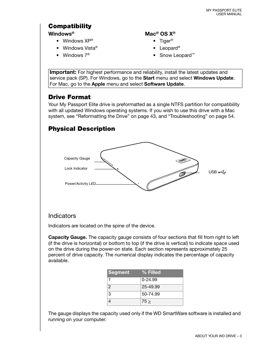 Compatibility, Drive format, Physical description | Indicators, Compatibility drive format physical description, Compatibility drive format, Physical description indicators | Western Digital My Passport Elite User Manual User Manual | Page 8 / 74