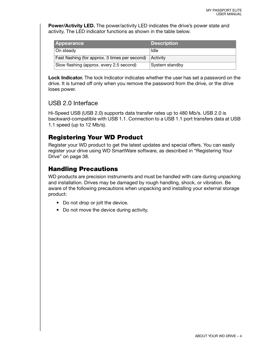 Usb 2.0 interface, Registering your wd product, Handling precautions | Registering your wd product handling precautions | Western Digital My Passport Elite User Manual User Manual | Page 9 / 74