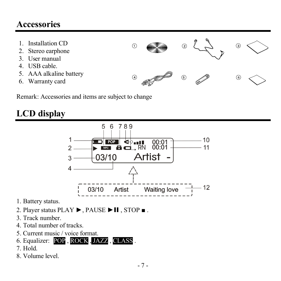 Accessories, Lcd display | Hyundai H-F1381 User Manual | Page 7 / 68