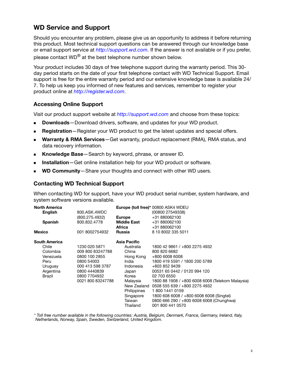 Wd service and support, Accessing online support, Contacting wd technical support | Western Digital WD SmartWare User Manual User Manual | Page 2 / 78