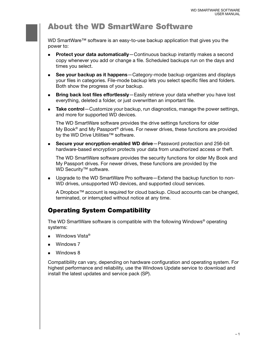 About the wd smartware software, Operating system compatibility | Western Digital WD SmartWare User Manual User Manual | Page 5 / 78